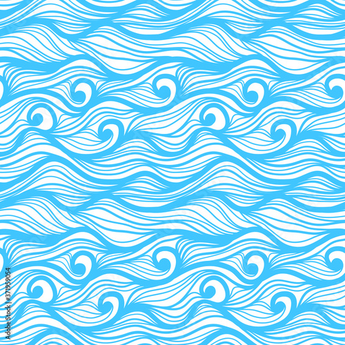 Seamless pattern with black twisted waves. Design for backdrops and colouring book with sea, rivers or water texture. Repeating texture. Figure for textiles.