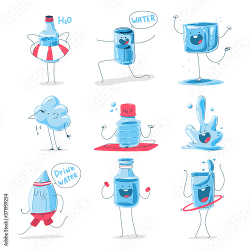 Cute water characters vector cartoon set isolated on a white background.