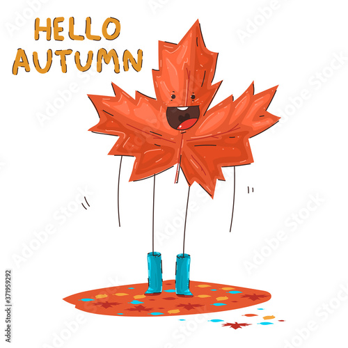 Cute maple leaf in gumboots vector cartoon autumn character isolated on a white background.