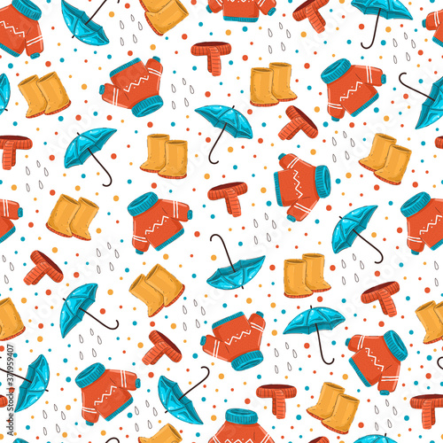 Autumn clothes vector cartoon seamless pattern on white background.