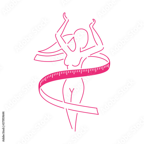 Weight loss - fitness or diet program logo (isolated icon) - abstract thin line woman silhouette (fat and shapely figure) with measuring tape around 