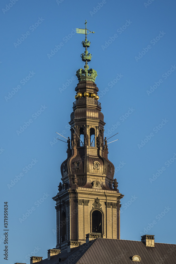 Tower of old Christiansborg Palace. Christiansborg Palace on Slotsholmen island, contains Danish Parliament (Folketinget), Supreme Court and Ministry of State. Copenhagen, Denmark.