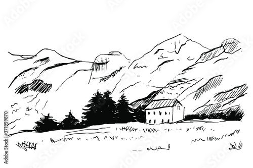 Hand drawn vector illustration of mountain landscape. graphic black white landscape sketch vector.