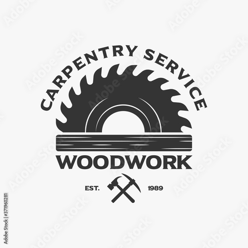 Sawmill emblem logo vector for carpentry, woodworkers, lumberjack, sawmill service.Isolated on white background