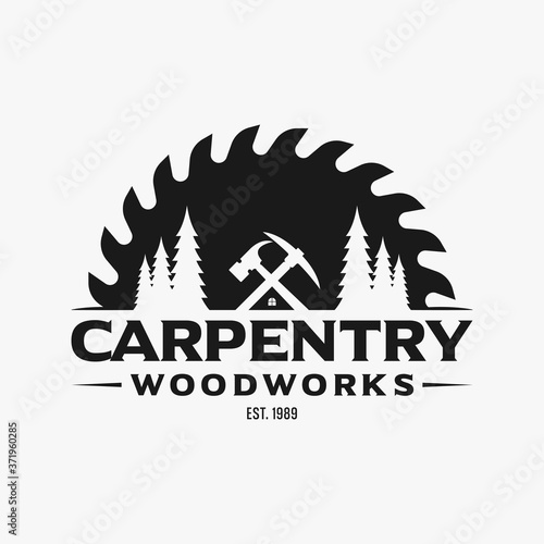 Sawmill emblem logo vector for carpentry, woodworkers, lumberjack, sawmill service.Isolated on white background