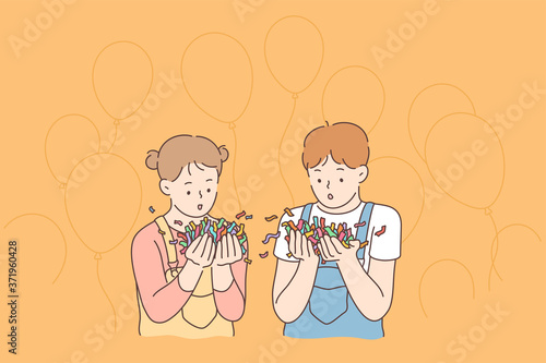 Fun, celebration, holiday, joy concept. Young happy cheerful children kid boy and girl characters blowing confetti and celebrating birthday party with flying air baloons. Funny recreation illustration