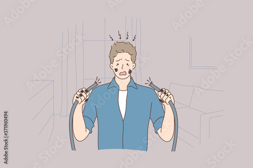 Health, care, danger, repair, electricity concept. Young man guy getting electric shock connecting broken electrical cables at home. Domestic accident electrocution dangerous occupation illustration.
