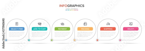 Concept of shopping process with 6 successive steps. Six colorful graphic elements. Timeline design for brochure, presentation, web site. Infographic design layout.