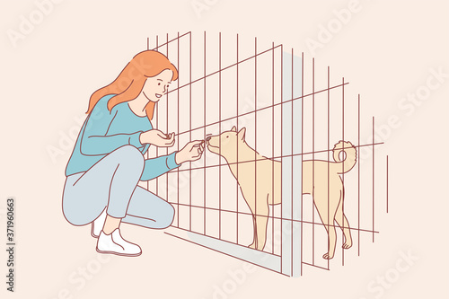 Volunteering, care, love, affection concept. Young happy smiling woman girl volunteer cartoon character feeding food dog pet friend in nursery. Adoption stray animal from special shelter illustration.