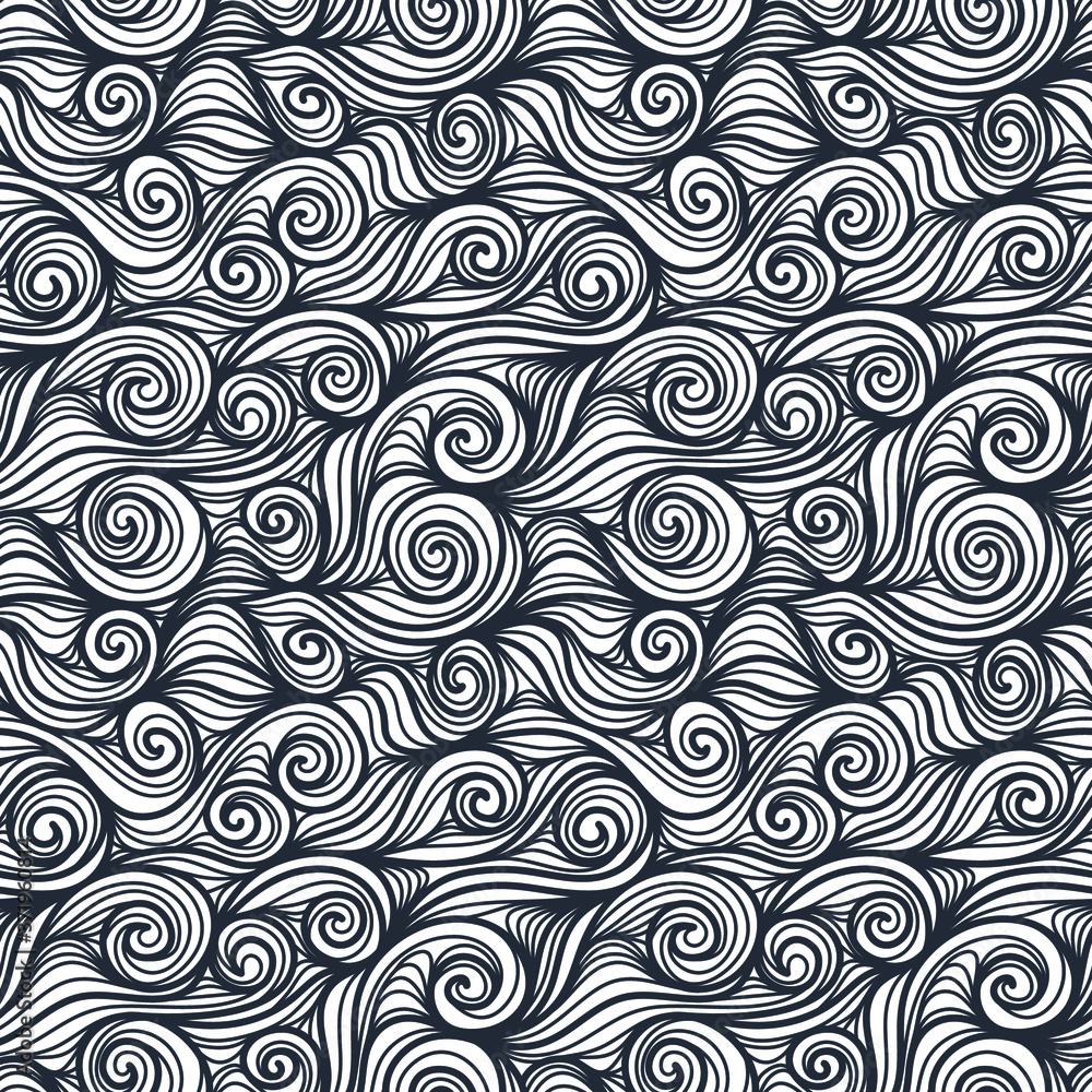 Seamless pattern with black twisted lines waves. Design for backdrops and colouring book with sea, rivers or water texture. Repeating texture. Print for the cover of the book, postcards.