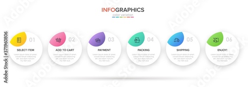 Concept of shopping process with 6 successive steps. Six colorful graphic elements. Timeline design for brochure, presentation, web site. Infographic design layout.
