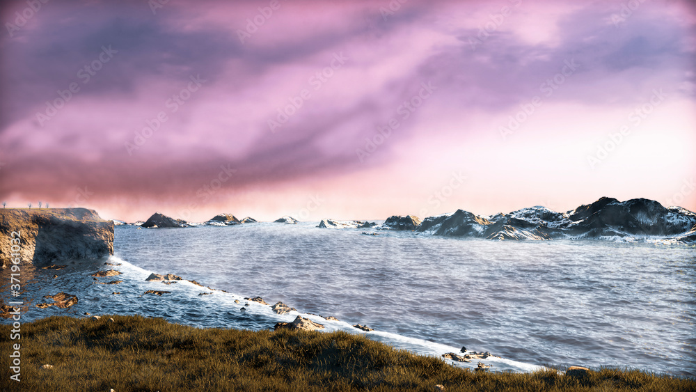 view of the sea from the top of the hill sunset 3d render