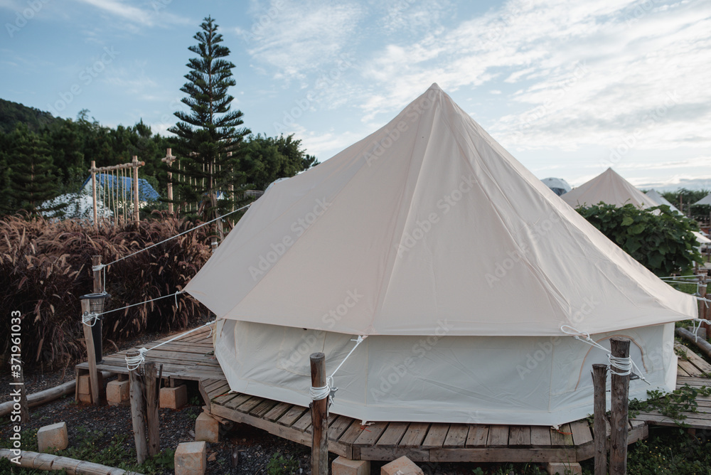 White tent for mountain accommodation White tent for mountain accommodation