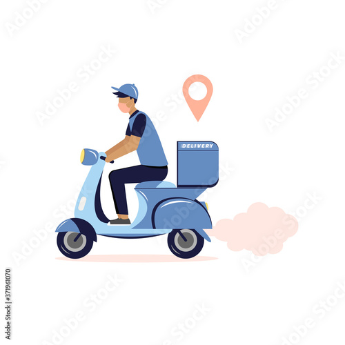 COVID-19. Safe Delivery concept design. Courier service, worker riding scooter in protective mask, motorcycle loaded with box. Coronavirus epidemic.