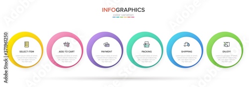 Concept of shopping process with 6 successive steps. Six colorful graphic elements. Timeline design for brochure, presentation, web site. Infographic design layout.