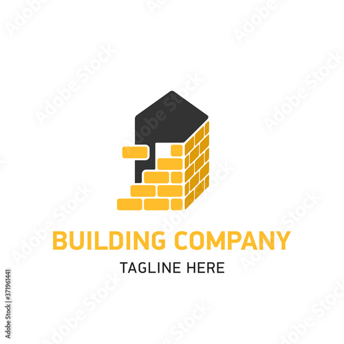 Vector logo for identity of building company with brick wall and house