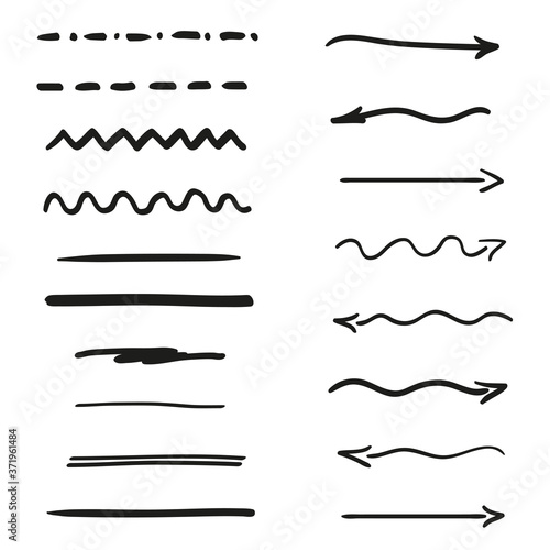 Elements on isolated white background. Hand drawn underlines and arrows. Black and white illustration