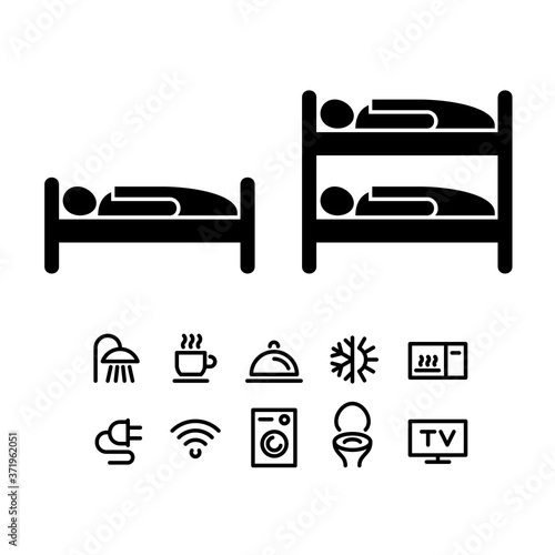 Hotel or hostel icon set - navigation signs for booking rental services - sleeping place, bunk bed and small hotel services icons - vector monochrome stencil 