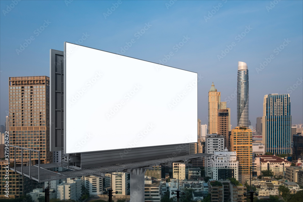 Blank white road billboard with Bangkok cityscape background at sunset. Street advertising poster, mock up, 3D rendering. Side view. The concept of marketing communication to promote or sell idea.