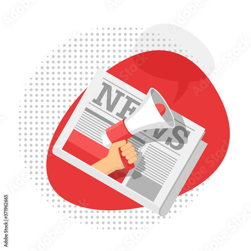 Breaking news concept icon - newspaper and hand holding loudspeaker (megaphone) with dialog speech bubble on abstract pointed background - vector illustration, banner or poster template