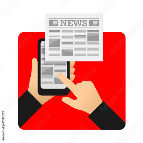 Mobile mass media online - conceptual illustration with smart phone in hands and newspaper in paper and digital variations - vector icon