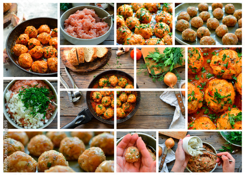 Chicken meatballs in tomato sauce. Meatball recipe, step by step cooking. Food collage.