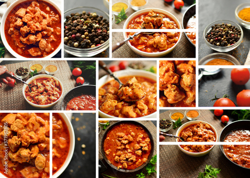 Indian food. Chicken Tikka Masala in a white bowl on a dark background. Appetizing meat with curry and tomato sauce, gravy with various spices. Tasty food, close-up, top view. Food collage