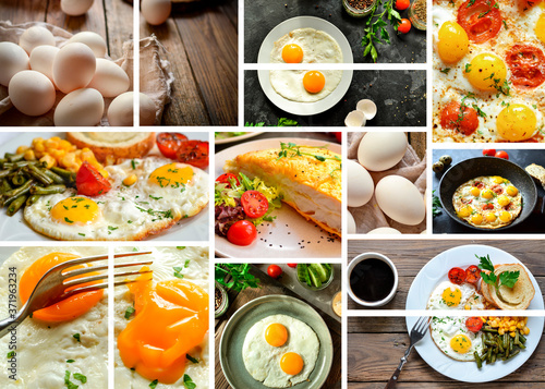 Collage of various dishes. A varied menu of chicken eggs. Fried eggs omelet. Food collage. Free space for text