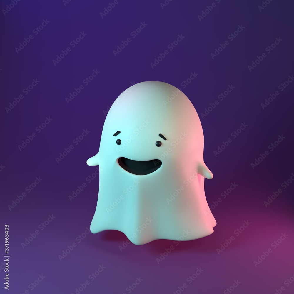 3D render illustration of cute friendly Ghost on violet background. Happy Halloween banner 3D render illustration of cute friendly Ghost on violet background. Happy Halloween banner