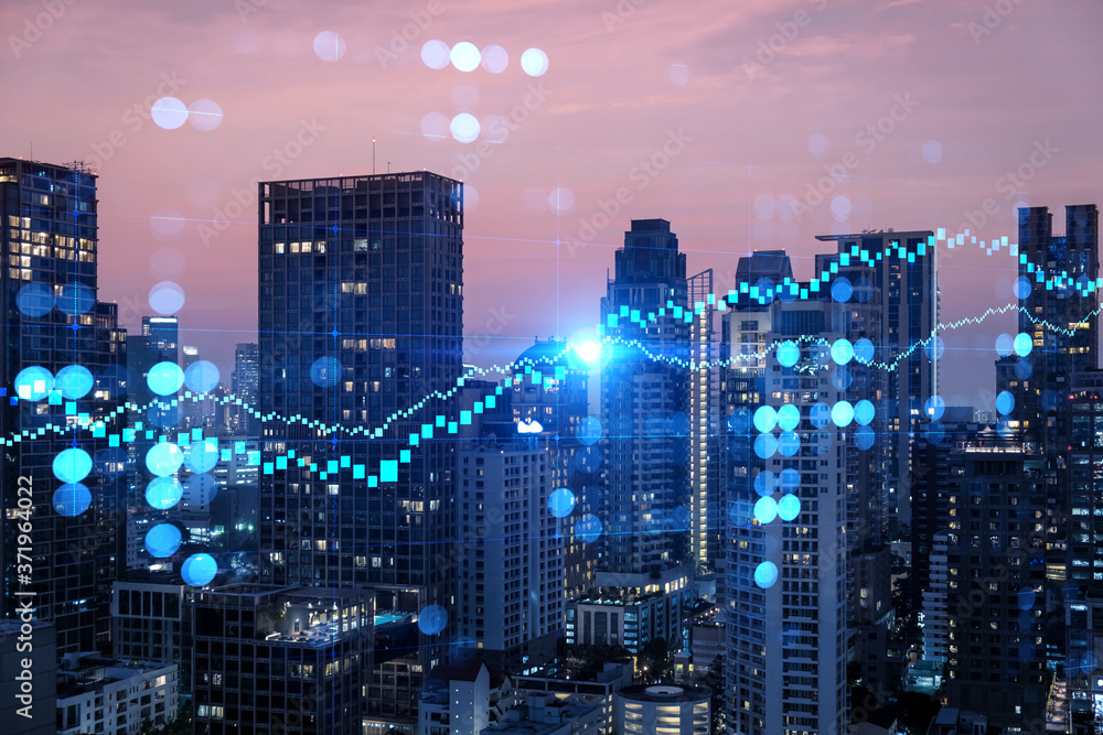 Glowing FOREX graph hologram, aerial panoramic cityscape of Bangkok at sunset. Stock and bond trading in Asia. The concept of fund management. Double exposure. Glowing FOREX graph hologram, aerial panoramic cityscape of Bangkok at sunset. Stock and bond trading in Asia. The concept of fund management. Double exposure.