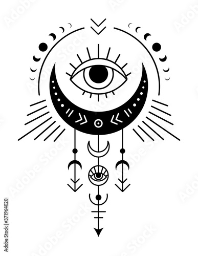 Boho moon and eye. Vector illustration with symbols of alchemy, astrology, witchcraft and magic. Geometric tribal design. Mystic and sacred sign.