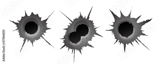 Bullet hole on white background. Realisic metal single and double bullet hole, damage effect. Vector illustration.