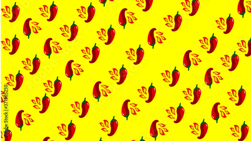 Seamless pattern chili peppers on yellow background