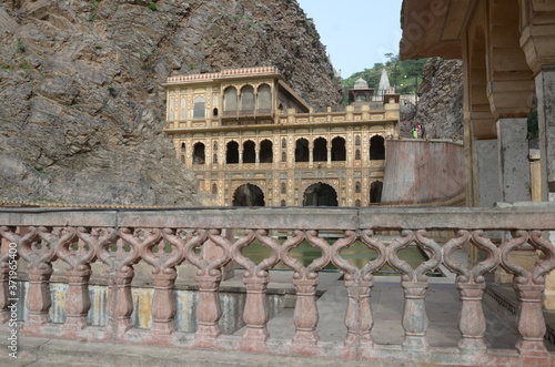 Galtaji is an ancient Hindu pilgrimage about 10 km away from Jaipur, in the Indian state of Rajasthan. The site consists of a series of temples built into a narrow crevice in the ring of hills that su