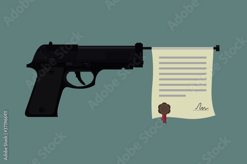 Handgun with certificate licence, gun laws in America, US, United States. Vector 2d flat illustration.