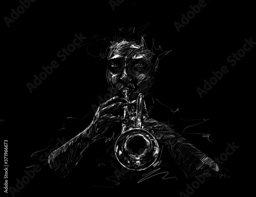 Drawing Of The classical musician plays trumpet hand draw 