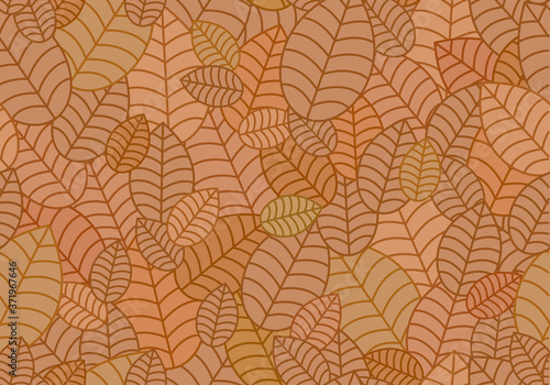Seamless linear leaves pattern. Horizontal plant brown leaf ornament. For labels, packaging or fabric. Chaotically scattered leaves.