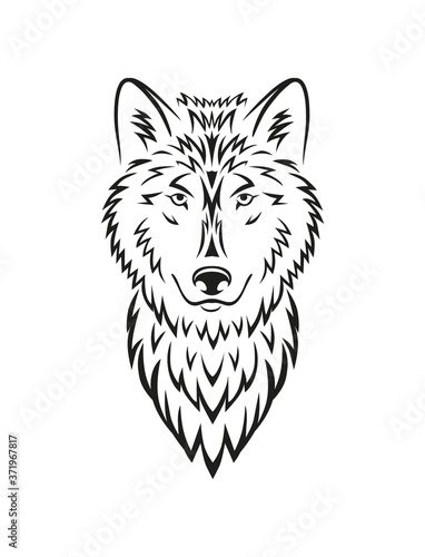 Fototapeta Naklejka Na Ścianę i Meble -  Beautiful wolf head black line tattoo vector illustration. Wild wolf symbol for print isolated on white