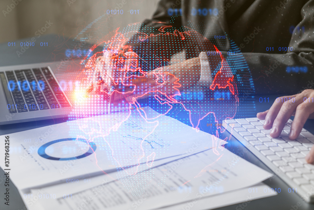 Double exposure of people working together background and world map hologram. Inernational business. Double exposure of people working together background and world map hologram. Inernational business.
