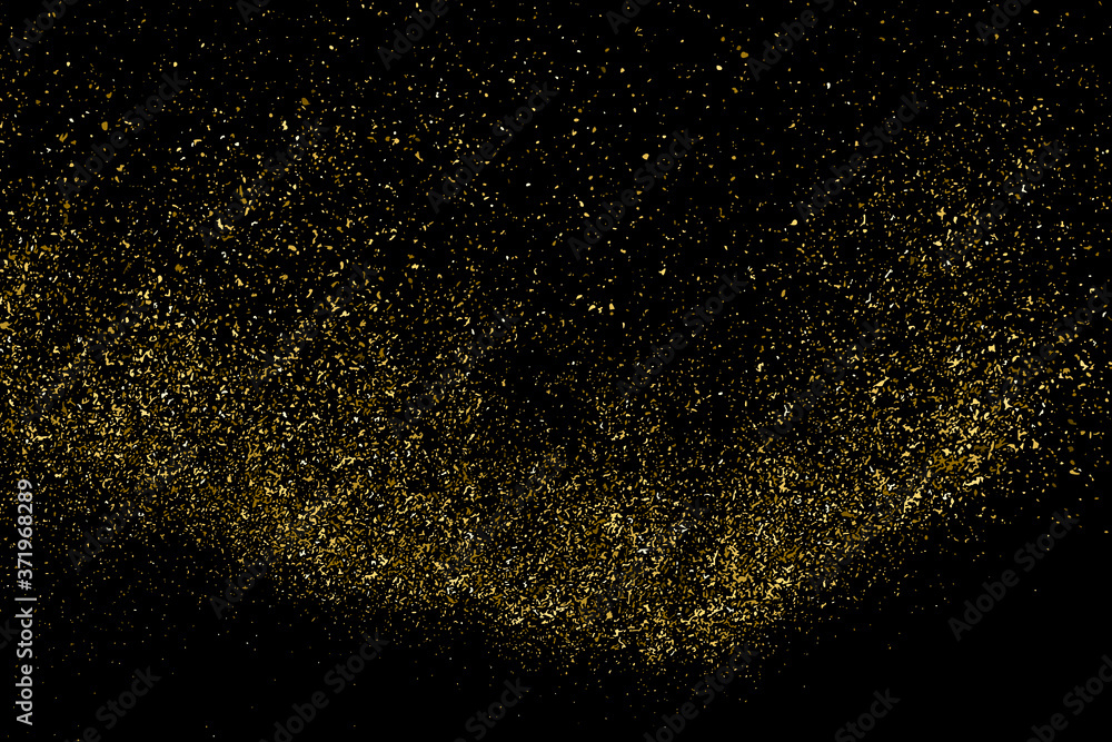 Gold Glitter Texture Isolated on Black Background. Golden stardust. Amber Particles Color. Sparkles Rain. Vector Illustration, Eps 10.