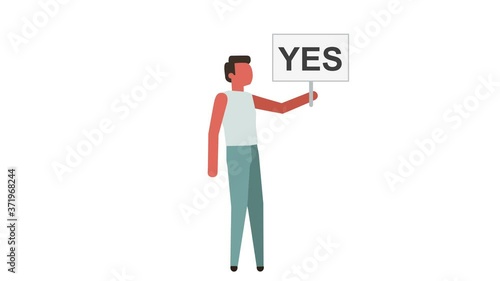 Stick Figure Color Pictogram Man Character with Poster Board with Yes Slogan Cartoon Animation. Luma Matte photo