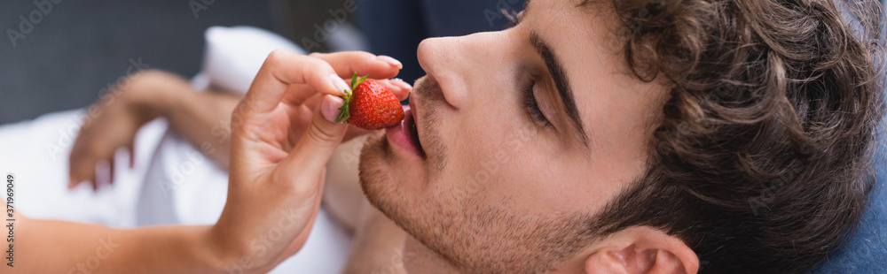 Obraz premium panoramic shot of woman holding strawberry and feeding man