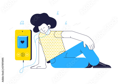Vector illustration of young boy character sit and enjoy listening to audio books on his mobile app smartphone concept. Flat line art modern style. 