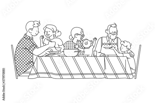 Family at the table portrait. Happy parents  grandparents and children having dinner together  chatting  hug each other  isolated on white background. Outline vector illustration. Line art.