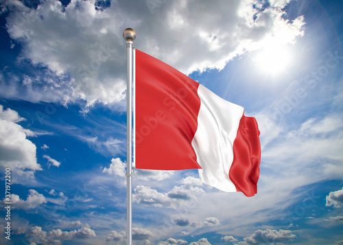 Realistic flag. 3D illustration. Colored waving flag of Peru on sunny blue sky background.