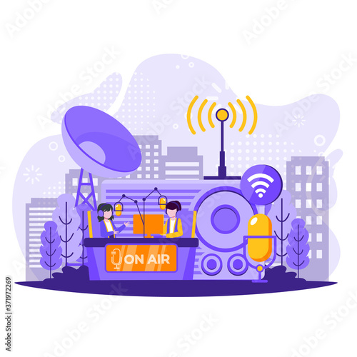 Podcast concept flat illustration. Radio host interviewing guests on radio station. Podcast in studio flat vector illustration. Podcasting, broadcasting, online radio concept. Vector illustration