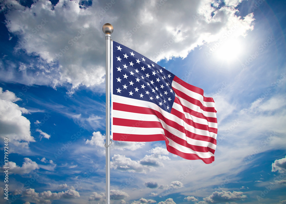 Realistic flag.3D illustration. Colored waving flag of United States of America on sunny blue sky background