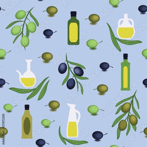Greek Style bottles, jars, olive branches on blue background