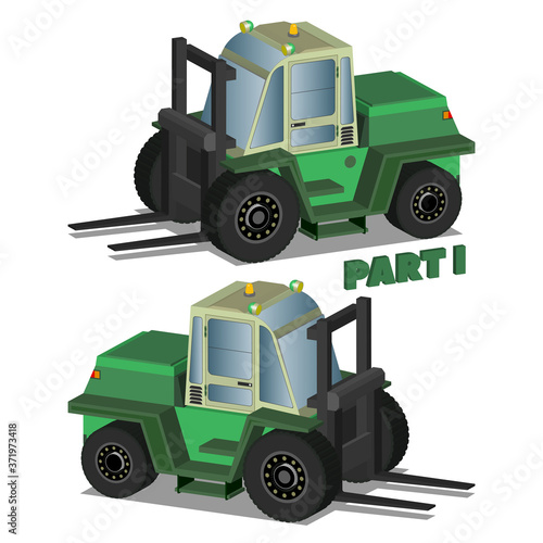 3D isometry biaxial green forklift truck in two projections Part one