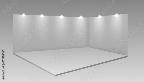 Empty white exhibition booth. White empty promotional advertising stand with desk. White empty promotional. 